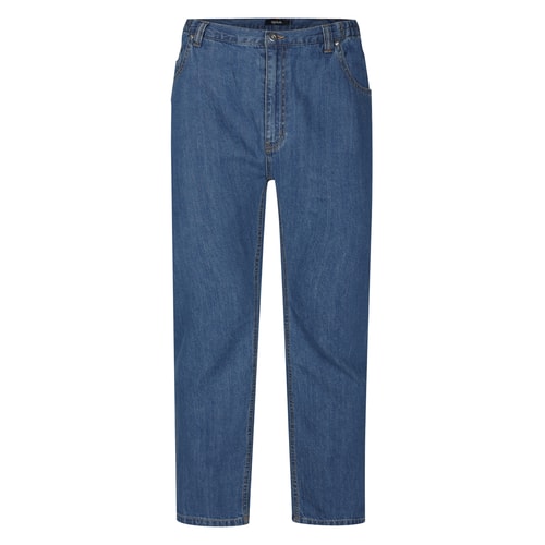 Blue stone wash jeans shown flat from the front.